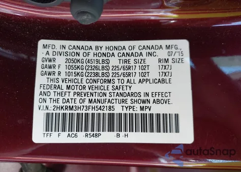 2015 Honda Cr-V Ex-L z USA, uszkodzony, nr VIN 2HKRM3H73FH542185